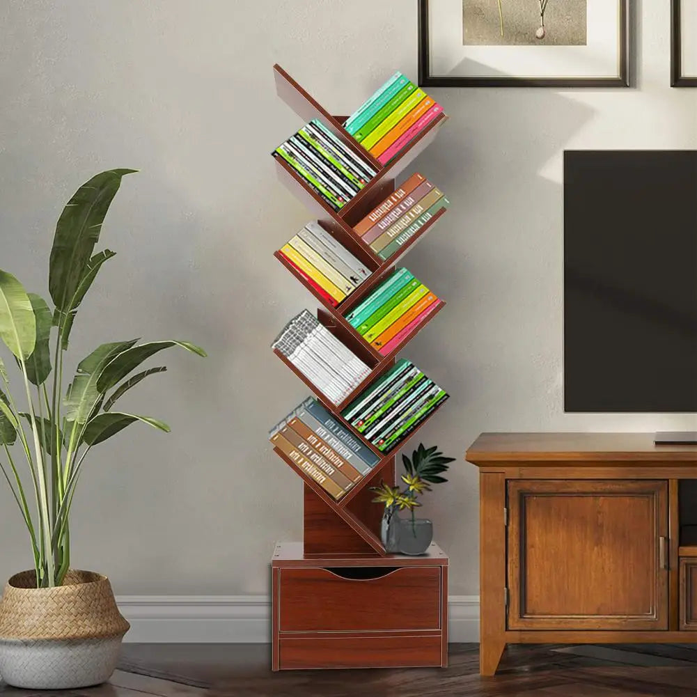 9-Tier Tree Bookshelf with Drawer - Rustic Home Bookcase